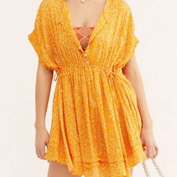 Free People One Fine Day Mini Dress Marigold Orange Ditsy Floral Size XS